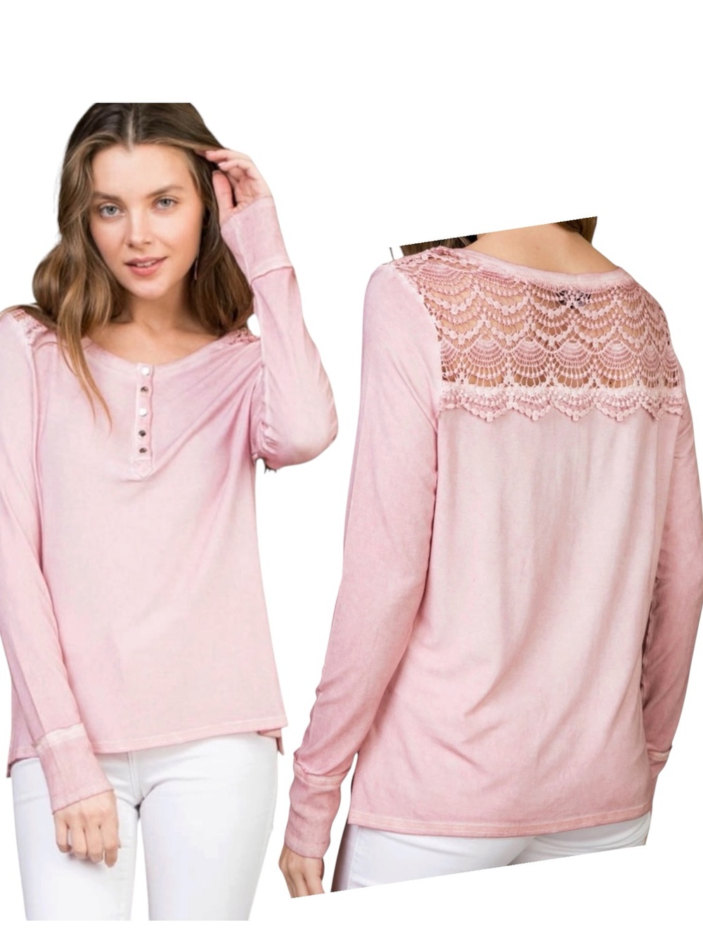 New blue b Pink Mineral Washed Long Sleeve Henley Lace Inset Pullover Shirt Tee